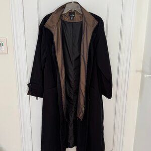 Luxurious vintage black lower-calf length coat with detachable hood, XL petite